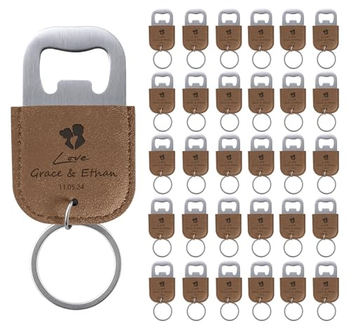 30 Pcs Personalised Bottle Opener Keyring Wedding Favors for Guests Leather Beer Bottle Opener Keychain Laser Engraved Custom Gifts, Khaki