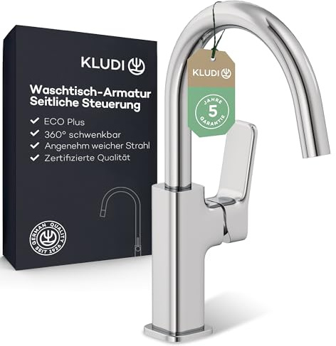 KLUDI-X3 Waschtischarmatur, 360° schwenkbar, Auslaufhöhe 180 mm, wassersparender Wasserhahn Bad Größe L, Keramikkartusche, Mischbatterie Waschbecken inkl. Anschlussschläuche in Chrom