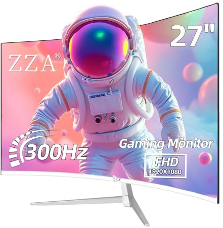 ZZA - 27 White Gaming Monitor, 240-300Hz Curved Monitor, Full HD 1080P Computer Monitor, Eye-Care Display with HDMI, DP, FreeSync, Wall Mount for Office