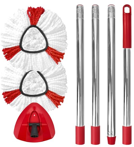Spin Mop Head Replacement Set for EasyWring 1-Tank System, Includes 2 Mop Heads, 1 Mop Handle (76-148cm Adjustable 4-Section Pole), 1 Spin Mop Base