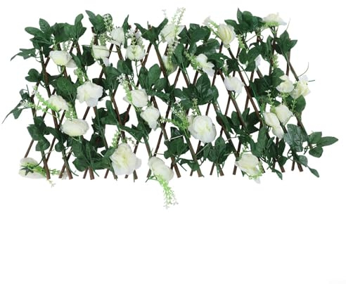 Sumsoctober Expandable Wooden Trellis Fence for Garden Outdoor Decoration,Adjustable Privacy Screen with Artificial Green Leaves and Flowers(Small,Deep Pink)(White)