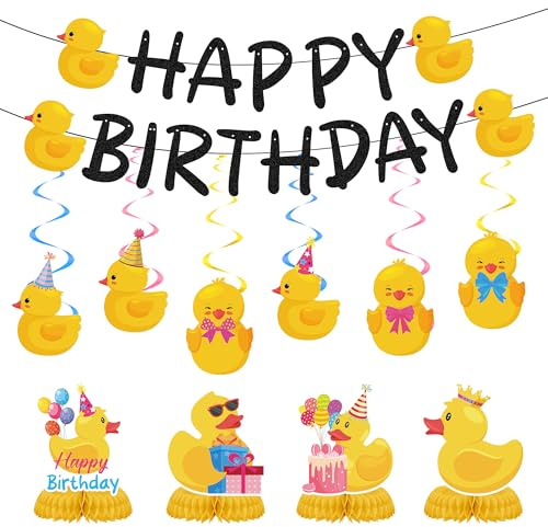 Enten Geburtstag Deko Girlande Kinder - 12 Stück für Kindergeburtstag | Gelbe Enten Deko mit Banner Girlande Wirbel Waben für Jungen Mädchen Babyparty