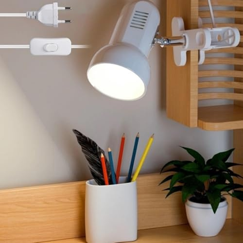 Behogan Klemmleuchte Verstellbar: E27 Fassung Keramiklampensockel Schreibtischlampe, Weiß Klemmlampe mit Stecker und Schalter, Nachttischlampe, für Lesen, Arbeiten und Lernen (Ohne Birne)
