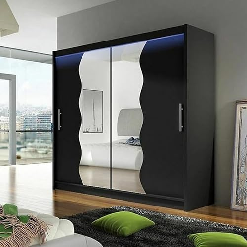Agritrade AK BEGA X180 Wardrobe 180cm with Sliding Doors Mirro Hanging Rail Shelves Modern Bedroom Storage Black Led