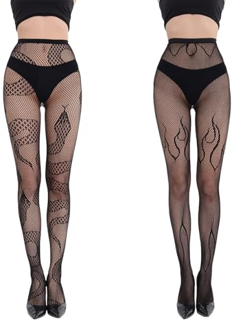2 Paar Netzstrumpfhose Schwarz,Strumpfhosen Damen Muster,Schlangen Strumpfhose Muster,Fishnet Stockings,Gothic Kleidung Damen,Sexy Strumpfhosen Netzstrümpfe für Frauen Halloween Karneval Party Cosplay