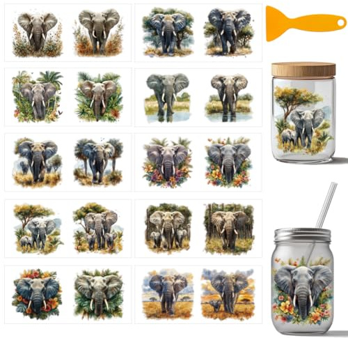 arricraft 10 Blätter Wilder Elefant UV DTF Tasse Transfer Aufkleber | 24x11cm Wasserfest Rub On Sticker Möbelfolie Selbstklebend für DIY Kunsthandwerk Becher, Flaschen, 16oz Glas, Möbel