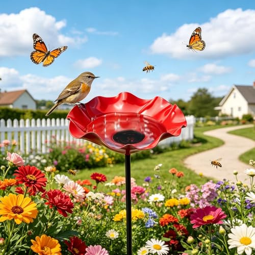 LTFIOON Paletto da Giardino in Metallo per Uccelli, Abbeveratoio a Forma di Fiore per Api – Bagno per Uccelli su Palo con Vasca – Decorazione da Giardino in Metallo Rosso – Altezza 65 cm