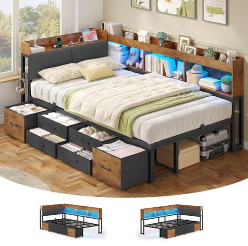 Polsterbett Schlafsofa 140x190 mit Stauraum Jugendbett mit 6 Staufächern & 6 Schubladen Bett 140x190 mit LED-Beleuchtung & Ladestation,Tagesbett mit Gepolstertem Kopfteil(Vintage Braun, 140x190cm)
