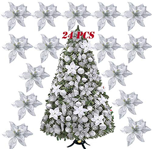 24 Stück Weihnachten Weihnachtsblumen Silber Glitzer Kunstblumen Ornamente künstliche Blumen Weihnachtsbaumdeko Weihnachtskränze Dekoration für Weihnachtsbaume Adventskränze