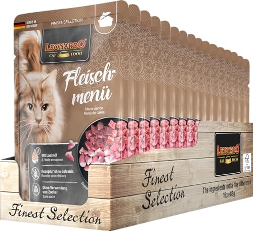 LEONARDO Frischebeutel [16x85g Fleischmenü] | Getreidefreies Nassfutter für Katzen | Feuchtfutter Alleinfutter im Einzelportionsbeutel