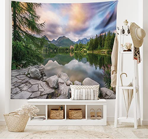 ABAKUHAUS Natur Wandteppich und Tagesdecke, See durch Wald Berg aus Weiches Mikrofaser Stoff Waschbar ohne Verblassen Digitaldruck, 230 x 140 cm, Grün Grau