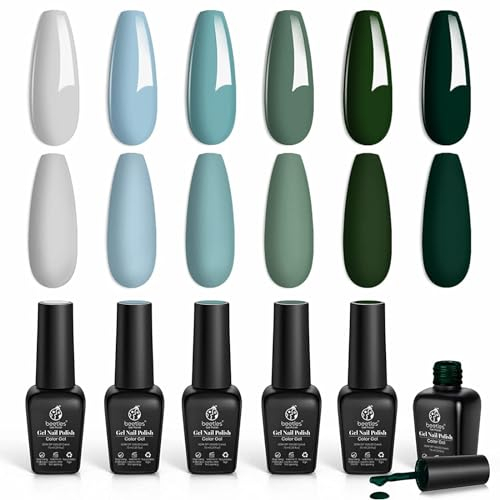 Beetles Blaugrünes Gel Nagellack Set 6 Farben, Nebelgrau Dunkelgrün UV Babyblau Herbst-Nagellack Soak Off LED Nagellampe Gel Nagel Set DIY Nägel Maniküre