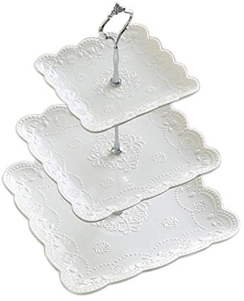 Zhenwo Tableware Dinner Plate Dinner Service 2 Piece Set, White Embossed Porcelain Ceramic Candy Dish with Steel Stand, Wedding Decoration,S