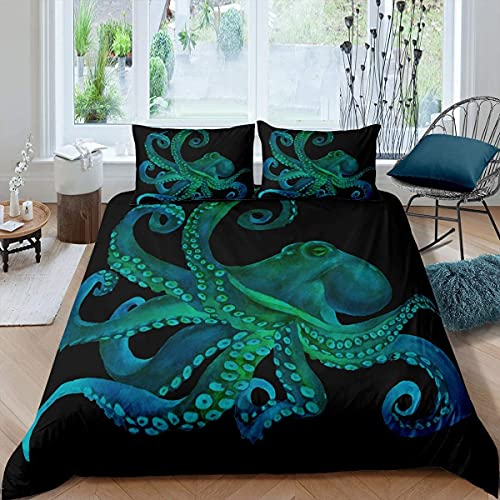 Homemissing 3D Grüner Oktopus Bettbezug Octopus Tentakel Bettwäsche-Set für Kinder Erwachsene Meer Marine Themed Bettwäsche 135x200cm Unterwasser Tier Bettwäsche Room Decor Bettwäsche Schwarz Grün