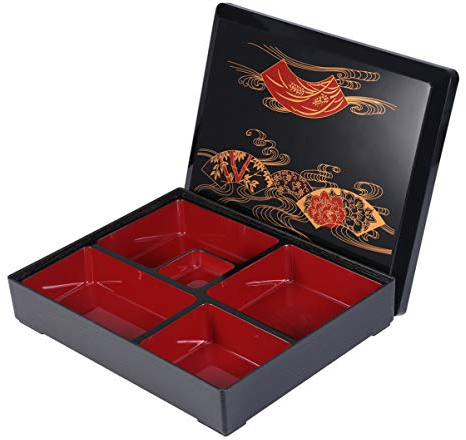 DOITOOL Sushi Bento Box with Lid, Japanese Sushi Tray Lunch Box Food Carrier Containers Snack Serving Tray with Lid for Home Restaurant School, 30X25X5.5cm(Wood Grain Cover Black)