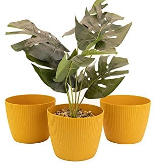 Home Garden Ornaments Small Plant Pots Indoor – Indoor Plant Pot for Home and Garden, Decorative Striped Set of 3 Flower Pots (Diameter 15.5cm, Mustard)