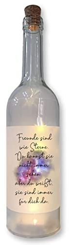 WB wohn trends LED-Flasche mit Banderole, Freunde sind wie Sterne, 29cm Flaschen-Licht Glitzer-Flasche Leuchtflasche Lampe mit Text Spruch
