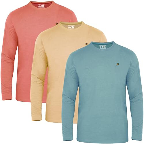 JRC Just Royal Clothing Pack of 3 Mens Long Sleeve Crewneck T-Shirts, Casual Round Neck Tops (Sheep Skin, Peach Amber, Stone Blue, 3XL)