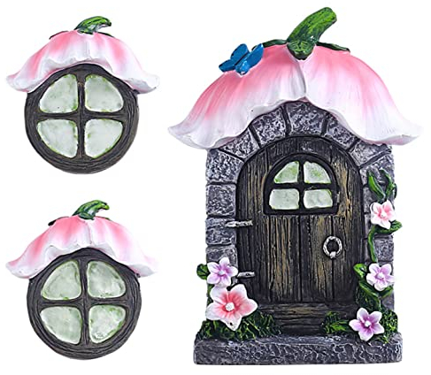 ALEMIN Feentür Garten Feen-Tür und -Fenster für Bäume, 14cm Harz Miniatur Elfen-Tür Wichteltür Gartendeko, Im Dunkeln Leuchten (Blume)