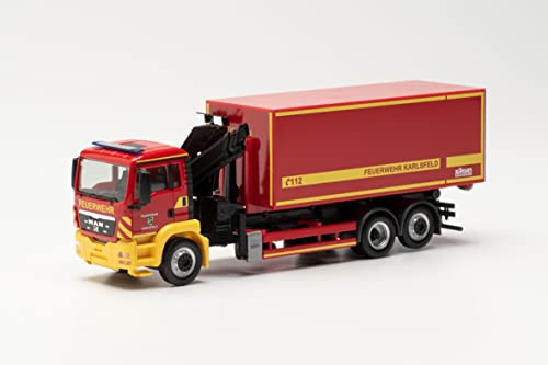 Herpa LKW Modell Man TGS M Wechsellader mit Kran „Feuerwehr Karlsfeld“, originalgetreu im Maßstab 1:87, Modell LKW für Diorama, Modellbau Sammlerstück, Deko Miniaturmodelle aus Kunststoff