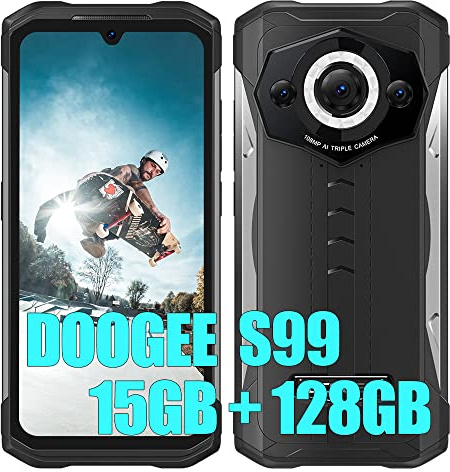 DOOGEE S99 (2023), Helio G96 15GB + 128GB, Smartphone Ohne Vertrag, 108MP Kamera (64MP Infrarot) + 16MP + 32MP, 4G IR Nachtsicht, Android 12 6.3 Zoll, 6000mAh Akku Kabelloses Aufladen NFC Schwarz
