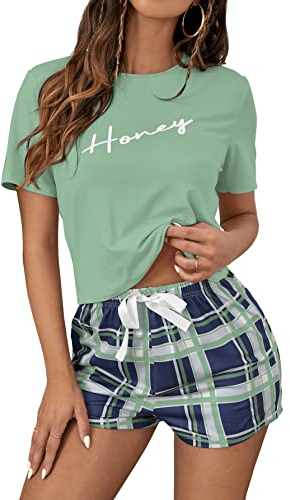 GORGLITTER Damen Pyjama Sets Kurzarm Tops und Sommer Short Plaid Muster Sommerhose Zweiteiliger Schlafanzug Minzgrün S