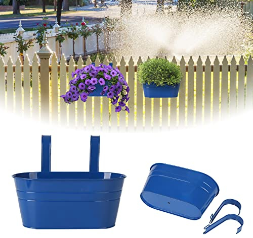 Gukasxi 2pcs Flower Pots Metal Iron Hanging Flower Pots with Drainage Hole Garden Pots Balcony Planters Metal Bucket Over Fence Planters Metal Bucket Flower Holders Wall Hanging Pot, Blue