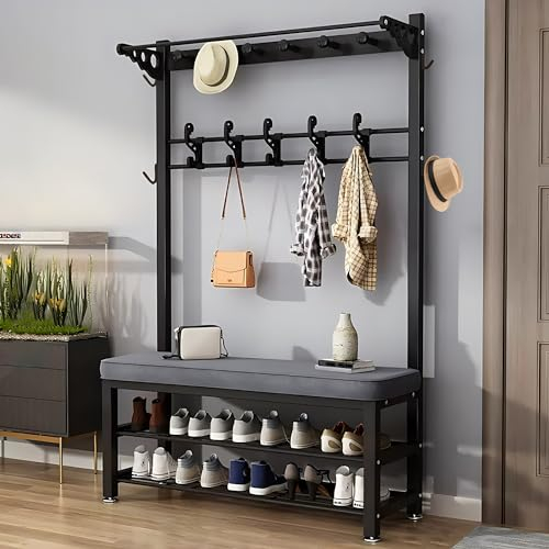 Garderobenständer mit Sitzbank und 10 Abnehmbaren Haken, Freistehende Garderobe mit Schuhregal 2 Ablagen, Garderobe Kleiderständer, Garderobenständer Vintage
