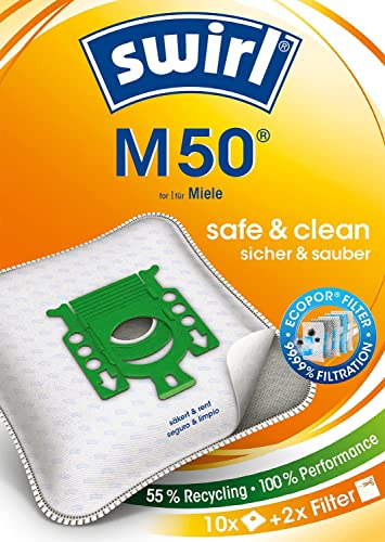 Swirl M50 Sacs d'aspirateur pour Miele – 4 sacs d'aspirateur + 1 filtre – Respectueux de l'environnement, anti-allergène, indéchirable, longue durée de vie et ajustement optimal