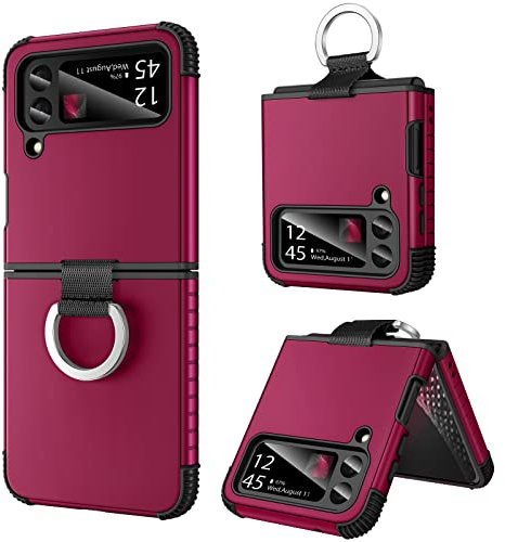 BENTOBEN for Samsung Galaxy Z Flip 4 Case, Z Flip 4 5G Case with Ring, Heavy Duty 2 in 1 Soft Silicone Hard PC Full Body Rugged Shockproof Protection Cover for Samsung Z Flip 4, Wine Red