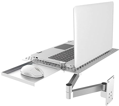 Amhuui Monitor and Laptop Mount, Wall Mount Laptop Holder Ultra Long Arm Stand, with Mouse Tray Vented Cooling Platform Laptop Tray, Full Motion Articulating Notebook Tray, Weight Capacity 5KG/11LBS