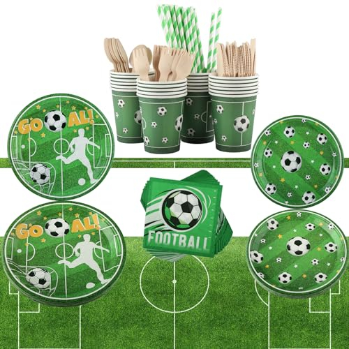 Assiette Anniversaire de Football, Vexillic 200 Pièce Vaisselle Assiettes et Coupe Serviette Paille La Fourche Cuillère pour Party Noël Mariage,Enfant 25 Invités