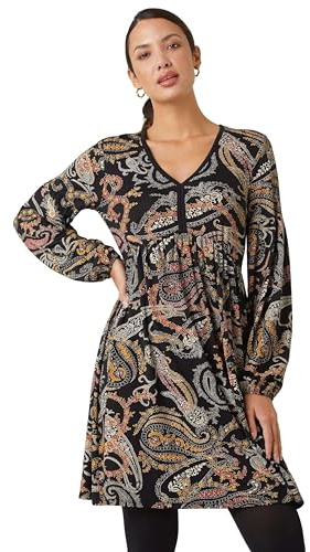 Roman Stretch Jersey Dress for Women UK Ladies Gathered Waist A Line Swing Skater Fit & Flare A Line Winter Autumn Knee Length V-Neck Casual Smart Cocktail Party