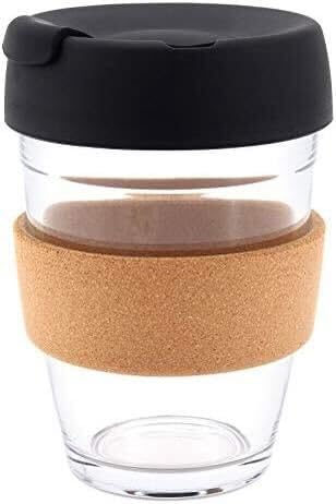 Reusable Glass Coffee Cup/Travel Mug with Lid - Heat Resistant Sleeve Surround Eco Friendly with Plugged Removable Lid (Black)