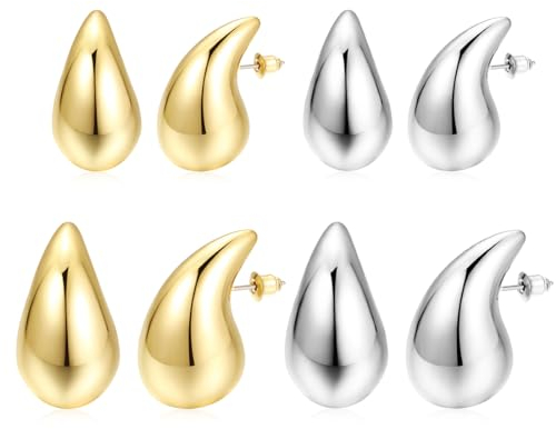 Dupes Ohrringe, 4 Paar 18k Gold und Tropfenform Ohrringe, Chunky Goldene Ohrringe, Silber Gold Ohrringe, Damen Mode Schmuck, Geschenke für Damen