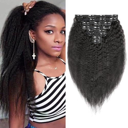 EINbeauty Kinky Straight Clip in Extensions Echthaar: 8 Teile 120 g. Invisible Echthaar Perücke Extensions. Naturliche Schwarze Clip Ins für Schwarze Frauen 10 Inch