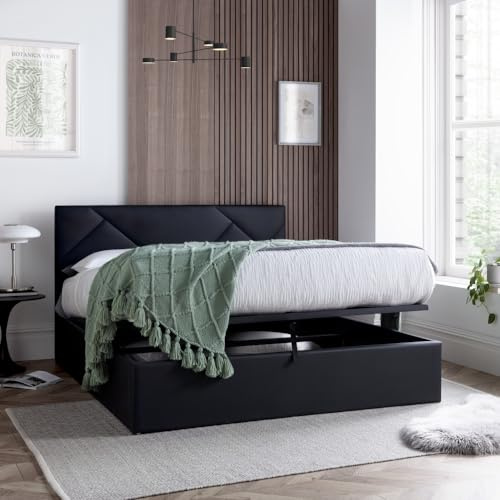 happybeds Chicago Black Faux Leather Ottoman Bed, 4ft6 Double | 4ft6 Double, Ottoman Storage Bed, Gas-Lift Storage, Black, 135 x 190 cm, Sprung Slatted Base