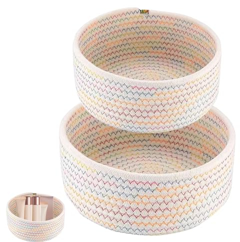 Juego de 2 cestas de almacenamiento de cuerda de algodón trenzada, diámetro de 21 x 9 cm, redondas, cesta para cambiar pañales, accesorios pequeños, cestas de almacenamiento, organizador, algodón,