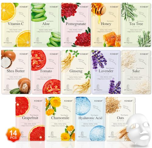 KONEUK 14 Pack Sheet Face Masks Skincare, Hydrating Face Masks Suitable for Dry Skin, Bulk Facial Mask Set for Women Skin Care, Face Mask Gifts Set for Face Spa