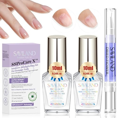 SAVILAND 3-IN-1 Nail Strengthener Kit: Ultra Repair Nail Growth and Strengthener with Vitamin E Castor Oil Nail Strengthener for Damaged Nails Care Kit for Repairing Nourishing Weak Brittle Nail Home