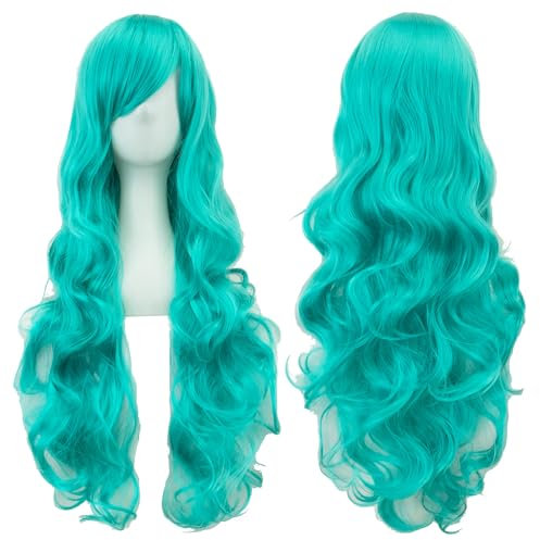 IMISSU 80cm langes lockiges Naturhaar Cosplay Perücke mit Pony Buntes Halloween Kostüm Party Perücken für Frauen (Seeblau)