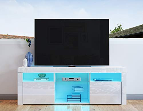 Modern TV Board TV Schrank 2 Türen mit Verstellbarem Gehäuse Matt Body & Hochglanz Front Fernsehtisch Sideboard RGB LED Licht 160 x 35 x 60 cm Weiß