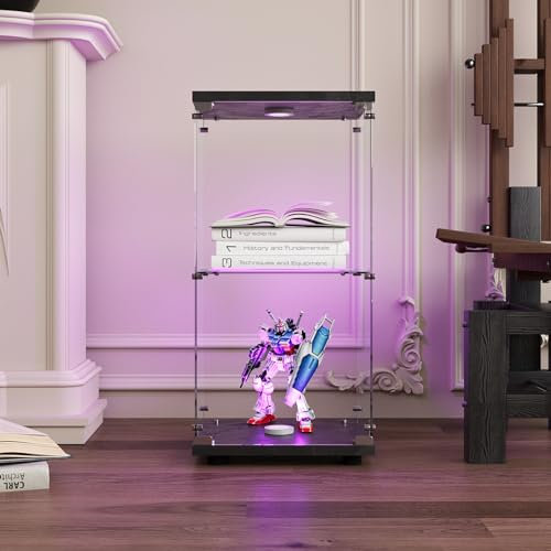 BPKADHY Glasvitrine Standvitrine,2 Lagen Glas Holz Vitrine Sammlervitrine Vitrinenschrank,1 Tür mit LED Und Schloss Glasvitrine Stehend Für Wohnzimmer Schlafzimmer Büro Schwarz Standregal aus Glas