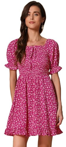 Allegra K Femmes Robe Smockée Manches Bouffantes Col Chérie Ourlet Volanté Fleurs Rose Vif L