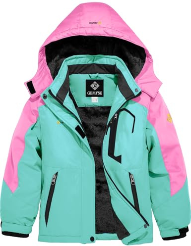 GEMYSE Veste de Ski pour Fille Enfant Manteau Hiver Chaud Imperméable Coupe-Vent avec Capuche et Doublure Polaire pour Neige et Montagne(Bleu Tanzanite et Rose Vif,140-146)