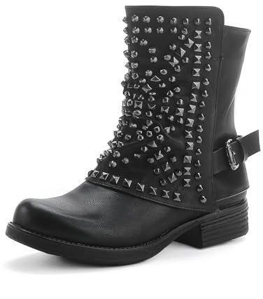 Pogolino Damen Stiefeletten Nieten Biker Boots mit Reißverschluß flach bequem Stiefel ST016