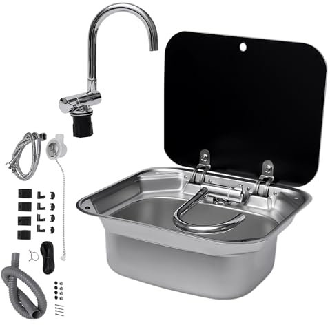 Fregadero para autocaravana con grifo plegable y tapa de vidrio templado, kit de fregadero para autocaravana, fregadero de cocina, lavabo de un solo cuenco empotrable para bar, caravana, furgoneta