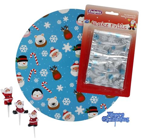 Culpitt Santa Christmas Cake Kit, 10 Festive Board, Silver Frill, and Cake Toppers Including Tumbling Santas and Merry Christmas Plaque - 6 Piece Set
