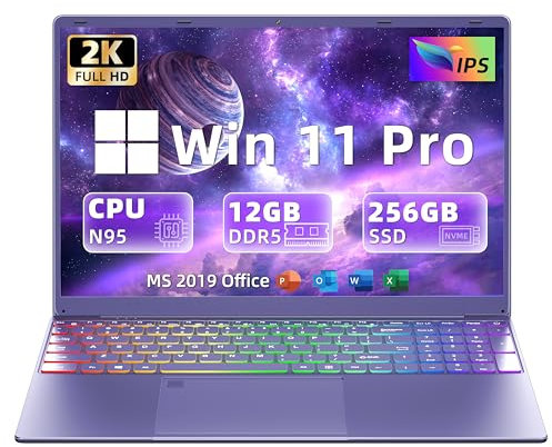 16 inch Purple Laptop, 12th Gen Alder Lake N95 CPU, 12G DDR5 RAM 256GB NVMe SSD, 2K 1920 * 1200 FHD IPS, Win11 Pro, Office19, Color Backlit KB, Fingerprint, HDMI, WiFi, Long Battery Life(256GB SSD)