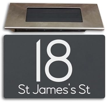 Housics House Numbers Plaques Door Sign with Solar Light, Grey Floating Door Number Plaques for wall, Sturdy Aluminium Material Doors Numbers House Signs for outside (280mm x 160mm)